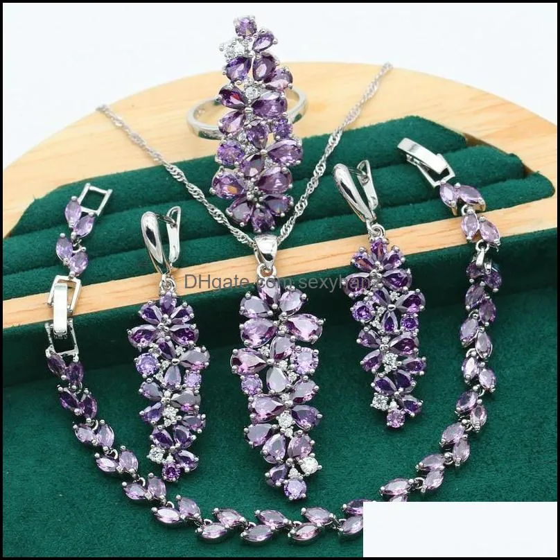 Earrings & Necklace Olive Green Purple Topaz 925 Silver Jewelry Set For Women Bracelet Pendant Ring Birthday Gift 4PCS