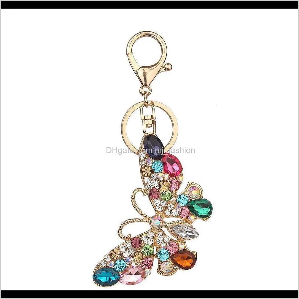2021 rhinestone butterfly keychains rainbow colorful gold crystal key chain rings jewelry gift car charms keyring for women handbag