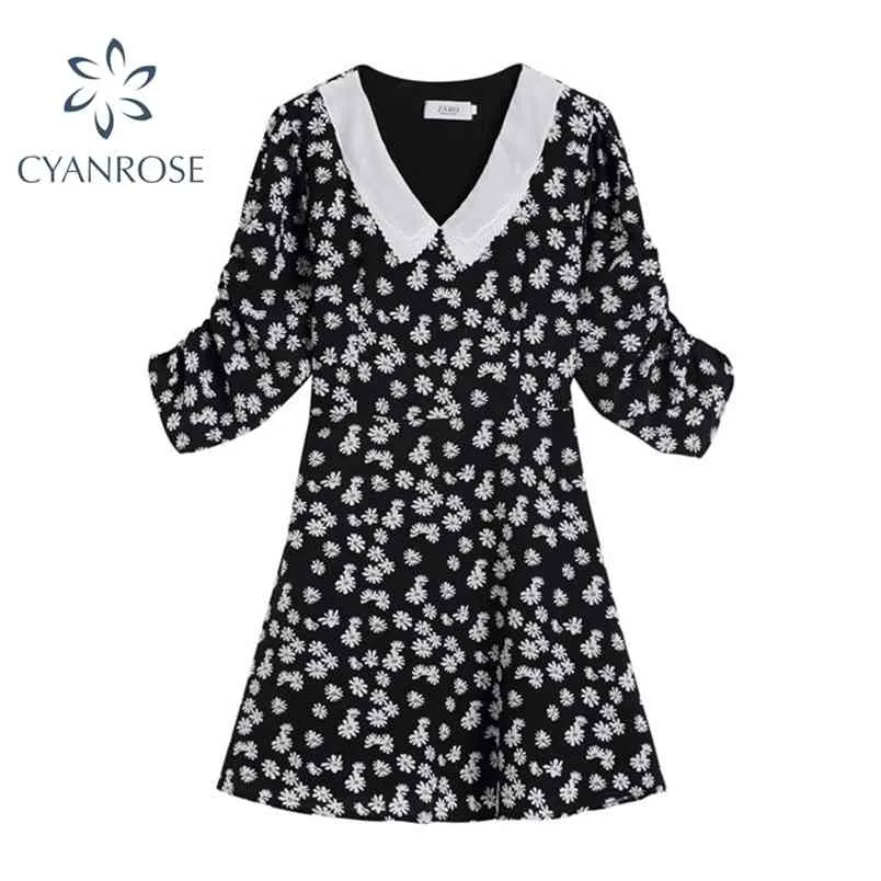 Koreanische Mode Puppe Kragen Drei Viertel Hülse Frauen Kleid Sommer Hohe Taille Vintage Blumendruck Dame Mini Kleider 210515