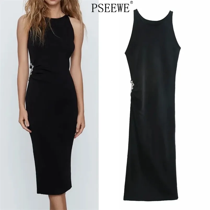 Black Knitted Slip Long Dress Women Sleeveless Slim Midi Sexy Party es Female Hollow Chic 210519