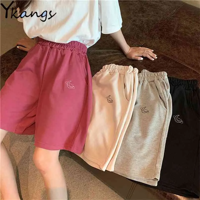 Harajuku Elastic High Waist Moon Embroidered Shorts Women Loose Sport Summer BF Casual Running Biker Baggy Short 210719