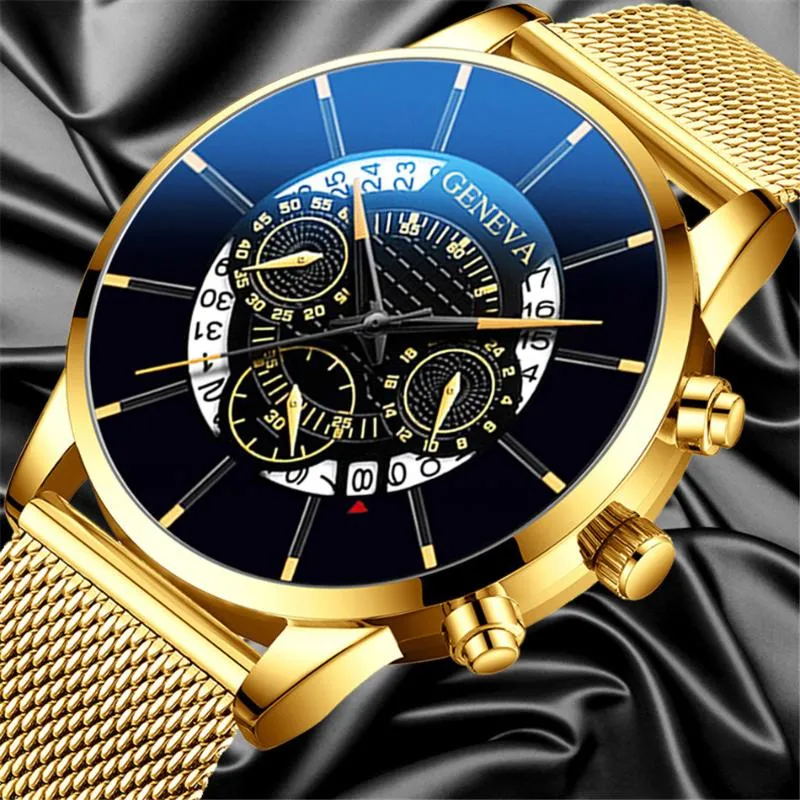 Wristwatches Luxury Men's Fashion Business Calendar Watches Blue Stainless Steel Mesh Belt Analog Quartz Watch Relogio Masculino Mens