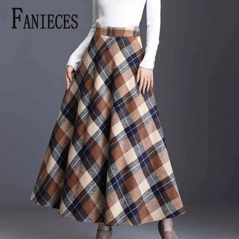 Ins Fashion High Waist A Line Women Long Kjol Plus Storlek 3XL England Plaid Woolen Ladies Kjolar Pläterad Tartan Kvinna Bottom 210520