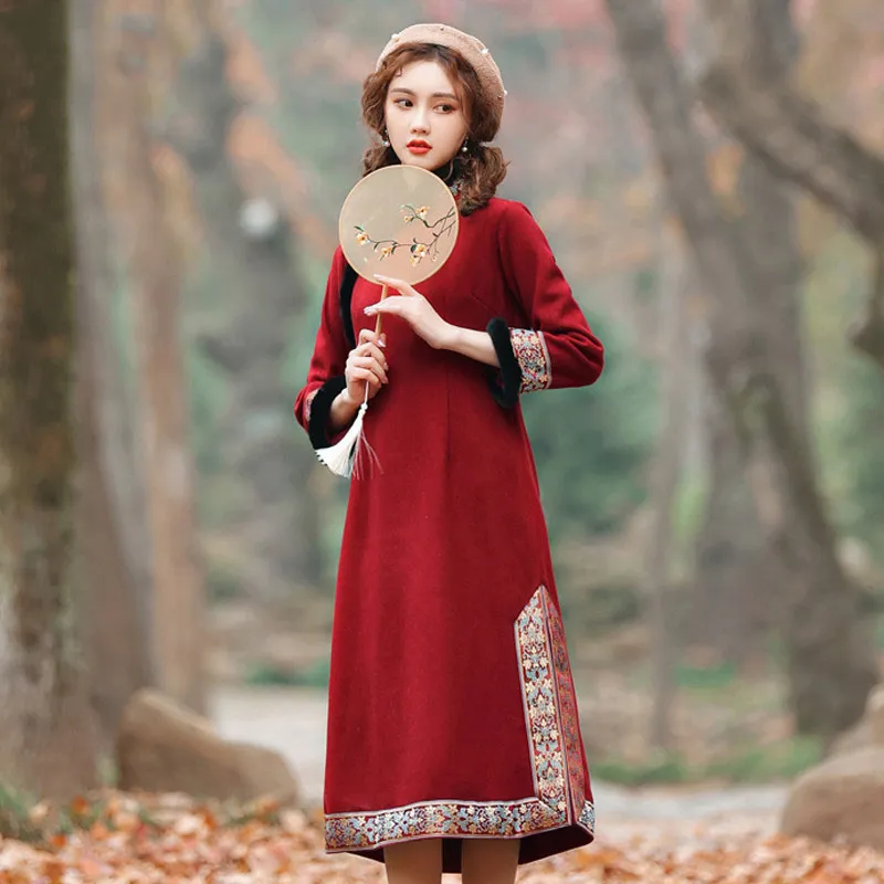 Vestuário étnico Chinês Cheongsam Dress for Winter Inverno Outono Tang Terno New Year Festa Fato Red Shanghai Story Qipao