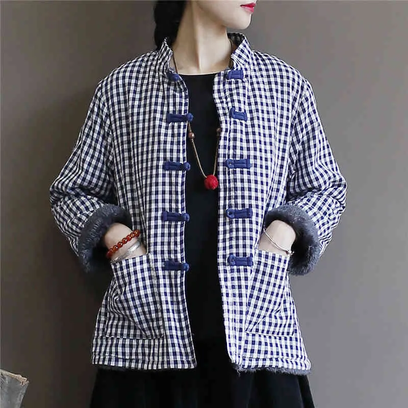 Johnature Plaid Parkas Dla Kobiet Stojak Chiński Styl Płaszcze Zima Przycisk Fleece Kobiety Tkaniny Bawełniane Lniane Parkas Płaszcze 210521