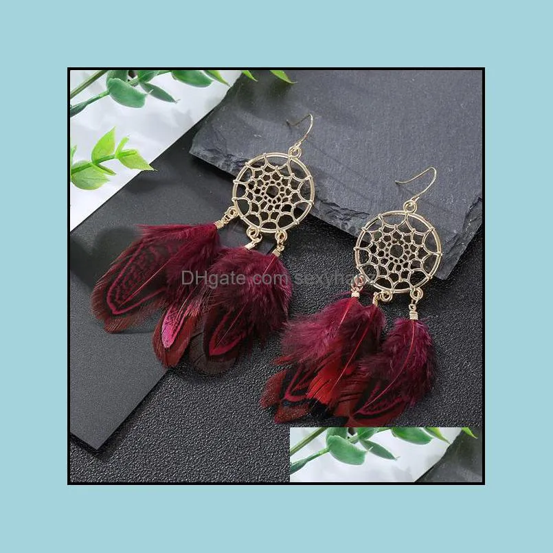 Studörhängen smycken S1478 Bohemian Fashion Vintage Dreamcatcher Feather Tassel Dangle Drop Delivery 2021 PPIEX