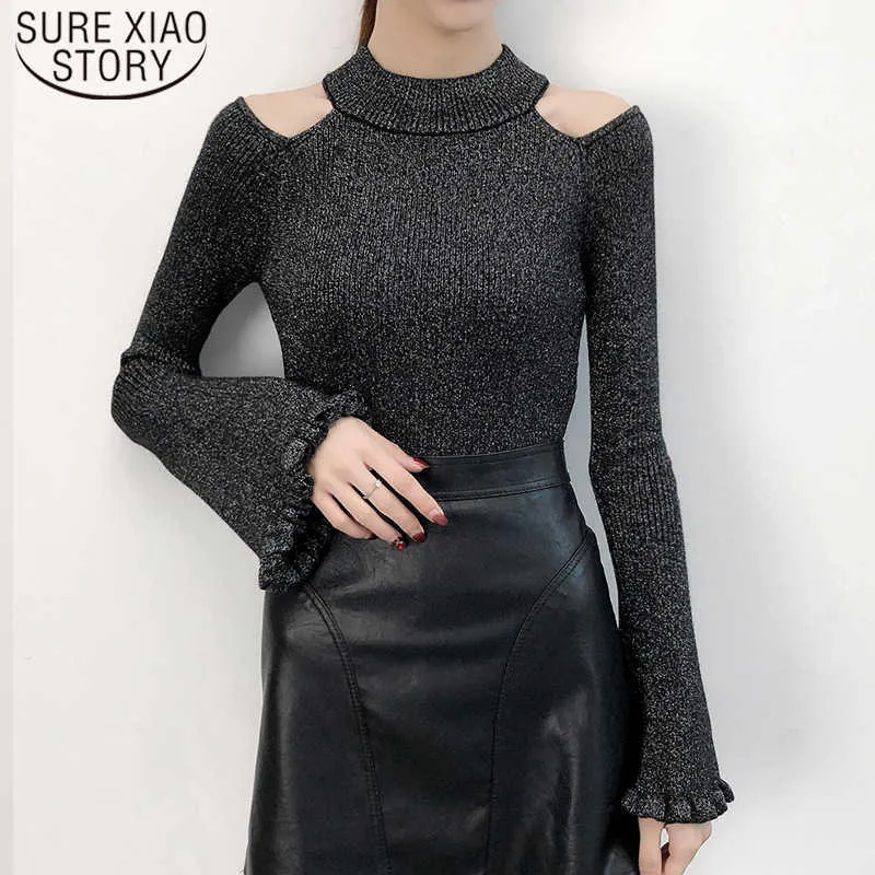 Camisola de Turtleneck Slim Mulheres Sweater Outono Mulheres De Seda De Silva Oco Off Off Sleeve Sleeve Pullover 6036 50 210527