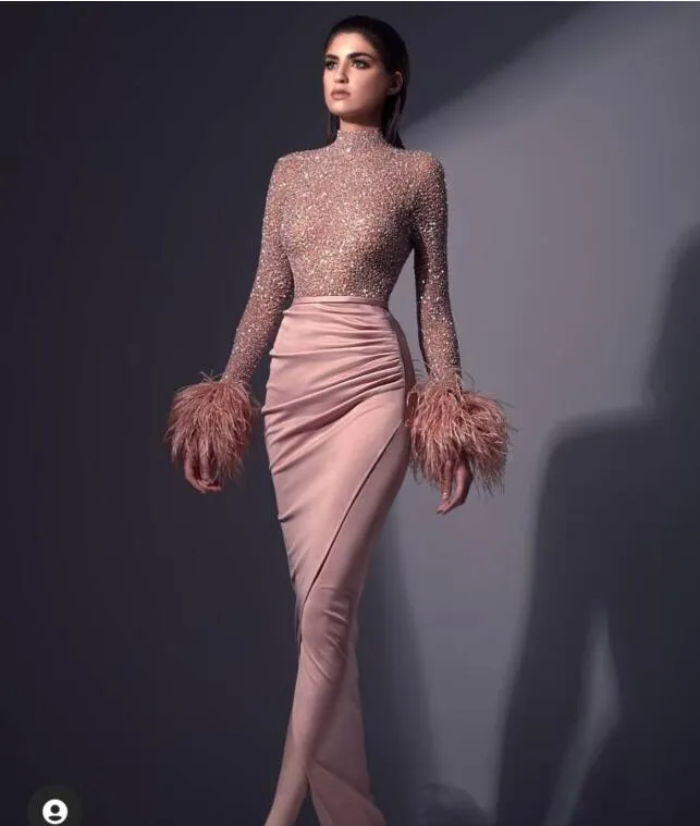 Vestido de noite yousef aljasmi jennifor macacão kendal jenner feminino vestido kim kardashian sereia de pescoço alto rosa apliques de manga comprida