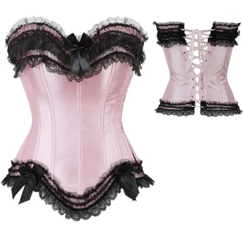 Bustier Corsetti Rosa Nero Sexy Overbust Corsetto Donna Pizzo Trim Top Disossato Bustier Body Shapewear Vita Trainer Corsetto