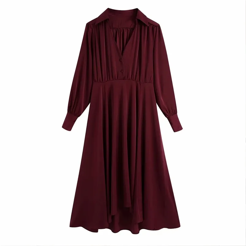 Mujeres Verano Sólido Vestido De Satén Manga Larga Con Cuello En V