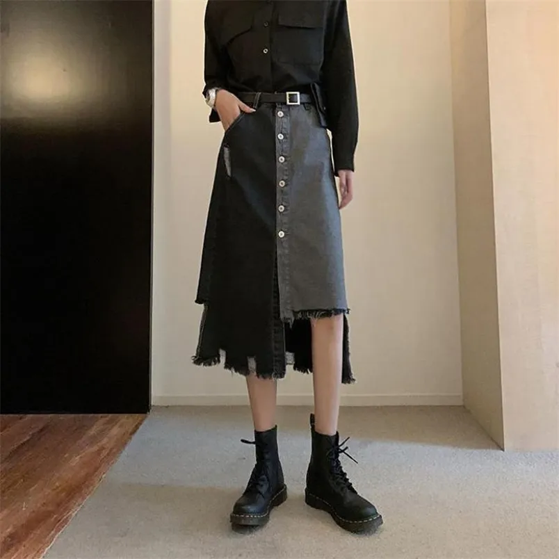 Весенне-осенняя корейская джинсовая юбка для похудения с высокой талией, нестандартная повседневная универсальная женская трапециевидная длинная свободная 210527