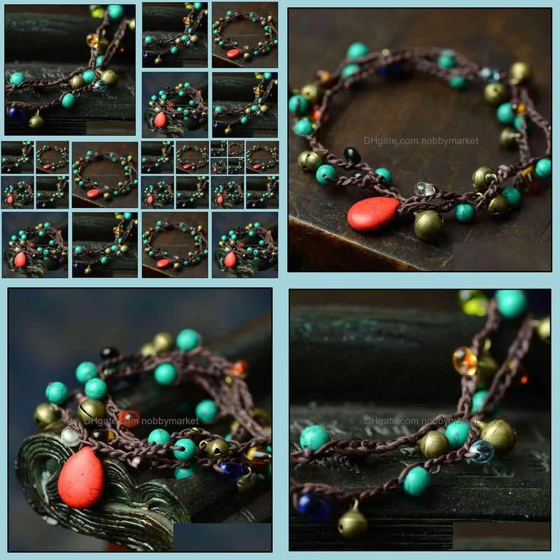 National Style Bracelet multi-layer woven creative Beaded Thai wax thread Turquoise accessories