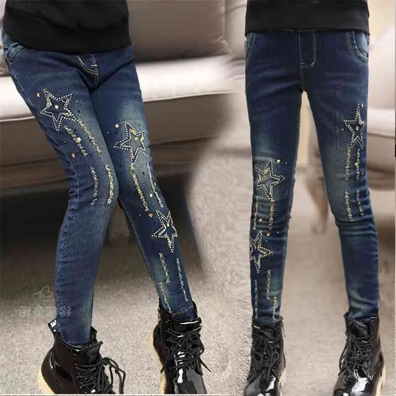 Весна осень детская одежда девочек джинсы случайные тонкие джинсовые голубые девочки джинсы большие дети карандаш джинсы длинные брюки 210317