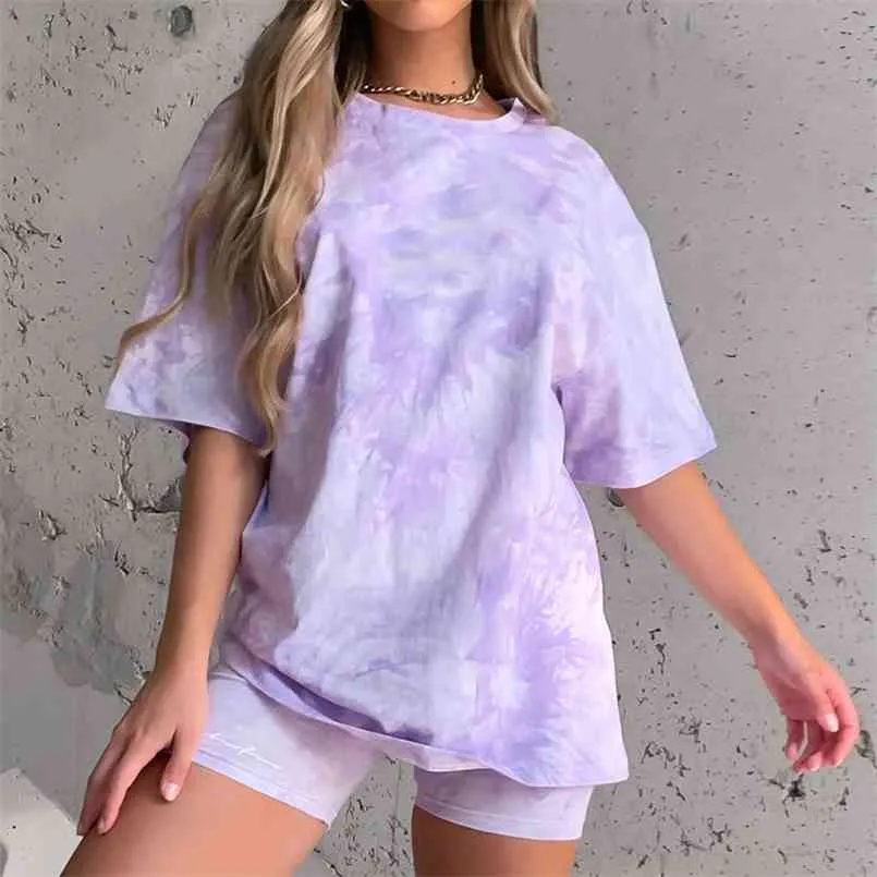Fashion Tie-Dye Gradient Loose Leisure T-shirt Small clothes Two Piece Suit Playsuits Casual jumpsuit women overalls for 210508
