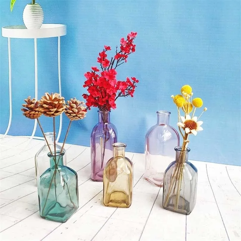 Красочные стеклянные вазы прозрачные простые бутылки столовые ремесел украшения дома украшения аксессуары цветочные вазы для дома 211215