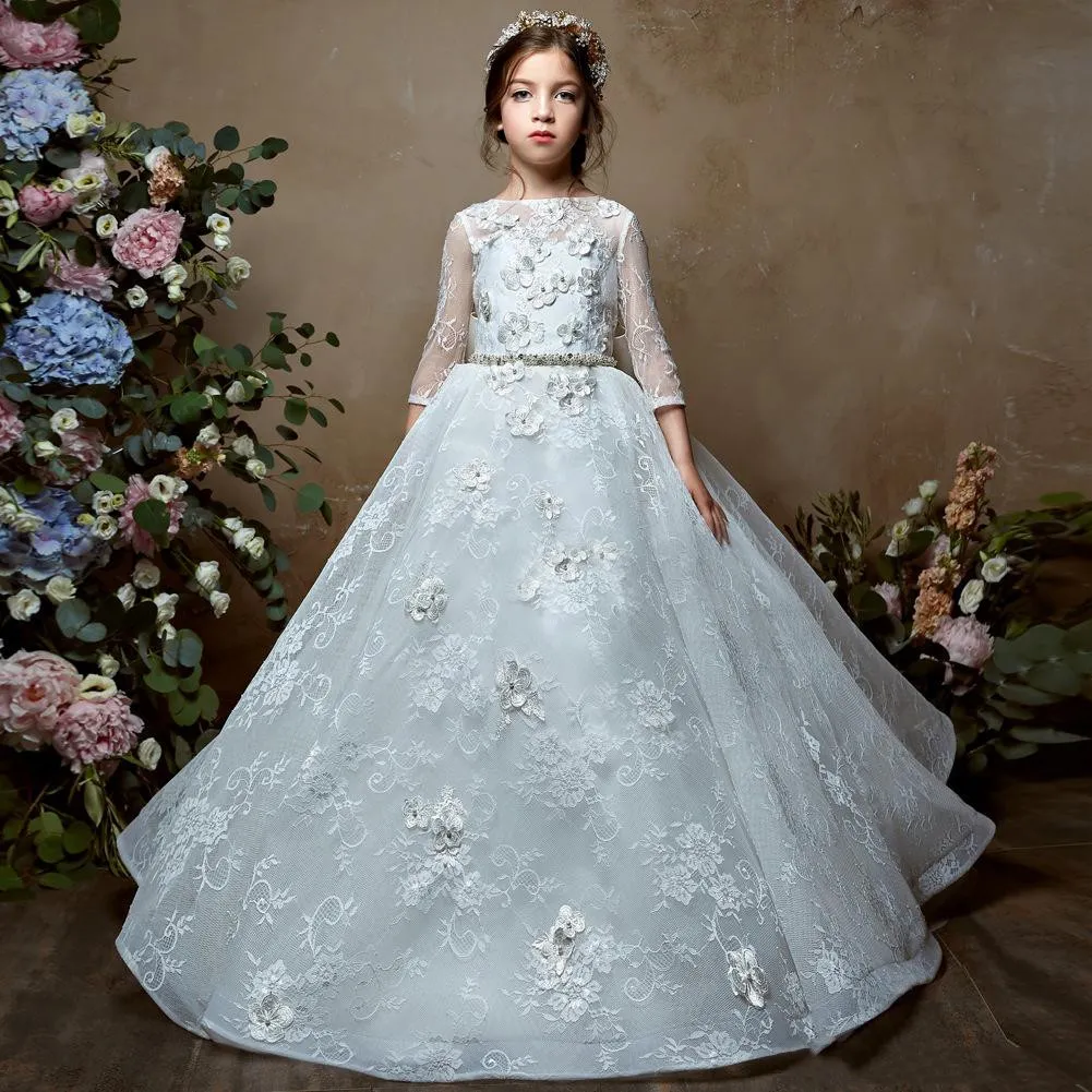 Vestidos de noiva em miniatura 3 quartos mangas grandes arco de volta comprido primeiro vestido de comunhão para meninas artesanais flores