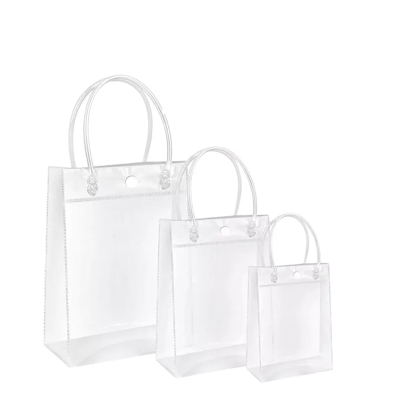 Anpassad återanvändbar toppkvalitet Clear PVC Plastkåpväska med logotyp Vattentät transparenta handtagspåsar Förpackning för gåvor