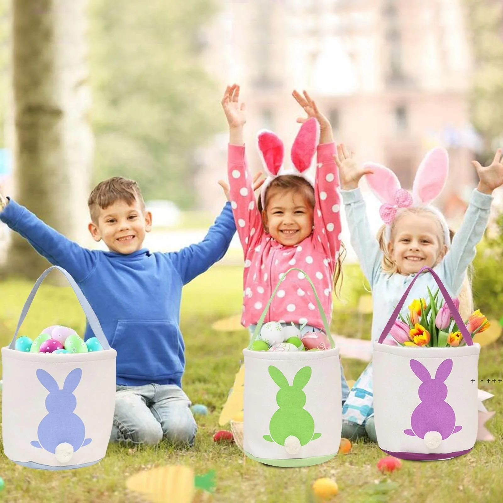 Party Gunst Pasen Bunny Basket Tassen Canvas Katoen Draaggave Eieren Hunt Bag Fluffy Tails Gedrukt Konijn Canvas Speelgoed Bucket RRB12668