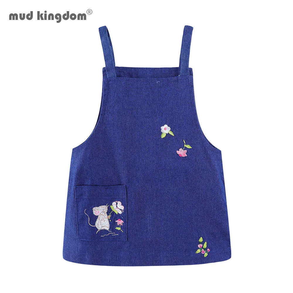 Mudkingdom otoño bebé niñas Sling vestidos flor ratón patrón Denim niños para 210615