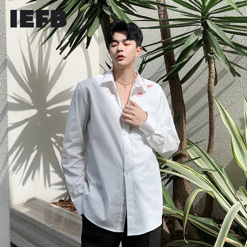 Save Big on Bulk White Shirts For Men Korean Men's White Long Sleeve Shirt  With Lipstick Print Korean Streetwear Fashion Top For Spring And Summer 