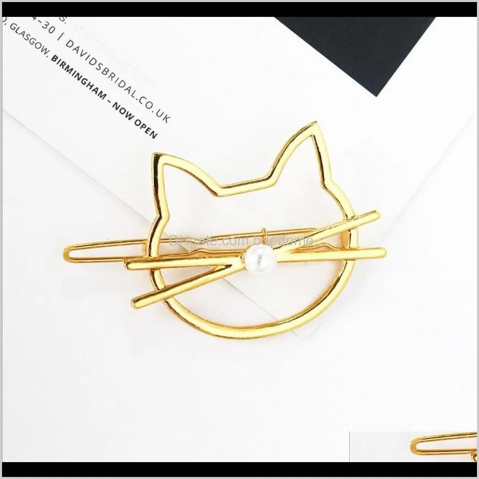 simple line figure cat head with plastic pearl hairpin gold or silver plated for women girls hair clip