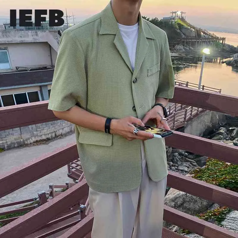 IEFB Casual Short Sleeve Suit Coat For Men Korean Trend Green Blazer Summer Men's Clothing Casual Streetwear Notched Collar 210524