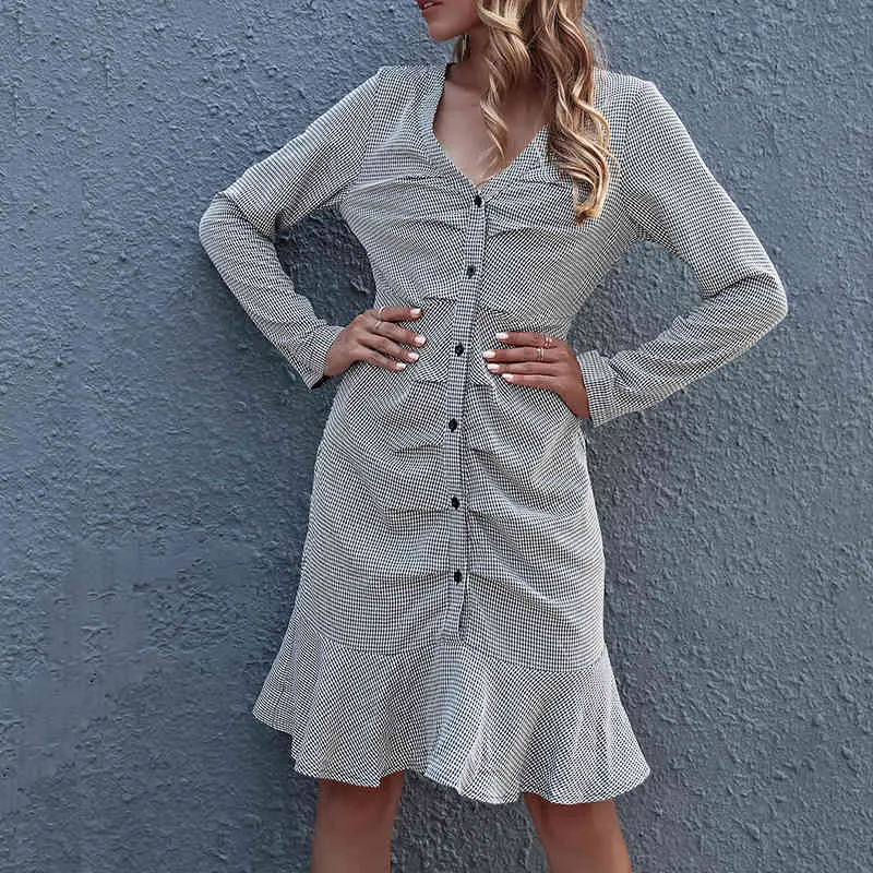 Automne Vintage Plaid Slim Robe pour femmes taille haute décontractée volants robe mince robe à manches longues robes midi femmes 210514