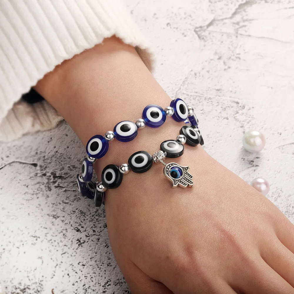 Lucky Hand Evil Blue Eye Strang Charm Armbänder Armreifen Perlen Türkische Pulseras Für Frauen Schmuck Großhandel