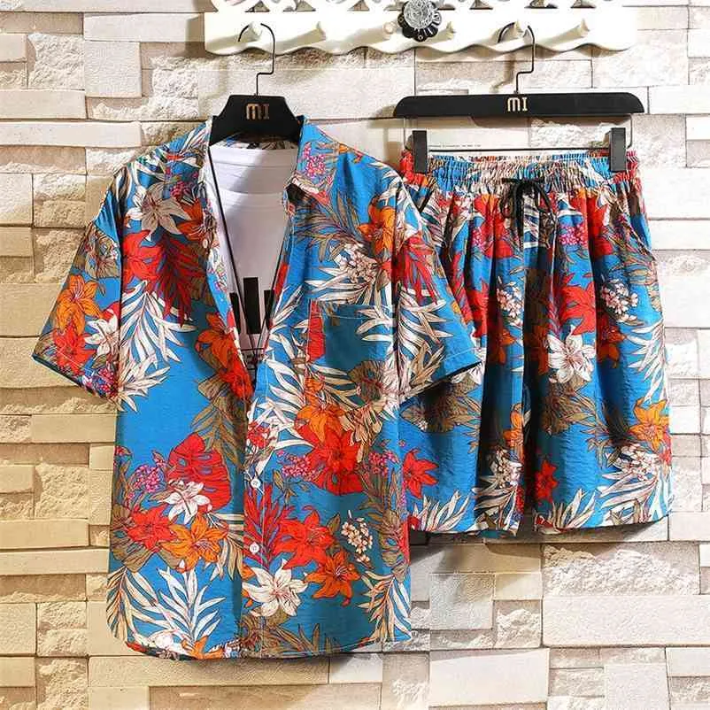 Men's 2 Pieces Set Hawaiian Shirts +Beach Shorts Mens Casual Streetwear Summer Floral Loose Short Sleeve Holiday Suits Male 210722