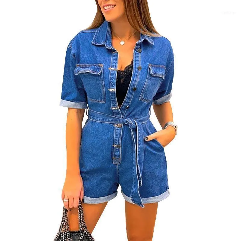 Kadın Tulumları Ahırlar Moda Kadınlar Denim Playsuits Seksi Yakası Kısa Kol Cep Kemeri Tulum Şık Bayanlar Düğme Kot Romper Summe