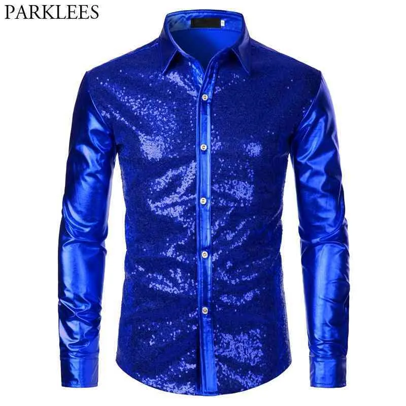 Luxe Royal Blue Sequin Robe métallique Chemises Hommes Manches longues Chemise des années 70 Mâle Noël Halloween Costume 210522