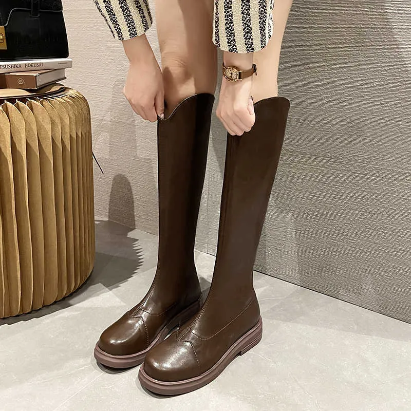 Round Toe Brand Women's Shoes Low Heels Booties Boots-Women Fashion Rubber 2021 Over-the-Knee Ladies Autumn Mid Calf Lace-Up Ro Y1018