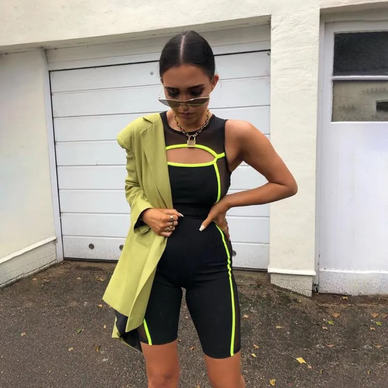 Mesh Patchwork Casual Womens Jumpsuit Neon Striped Sporty Active