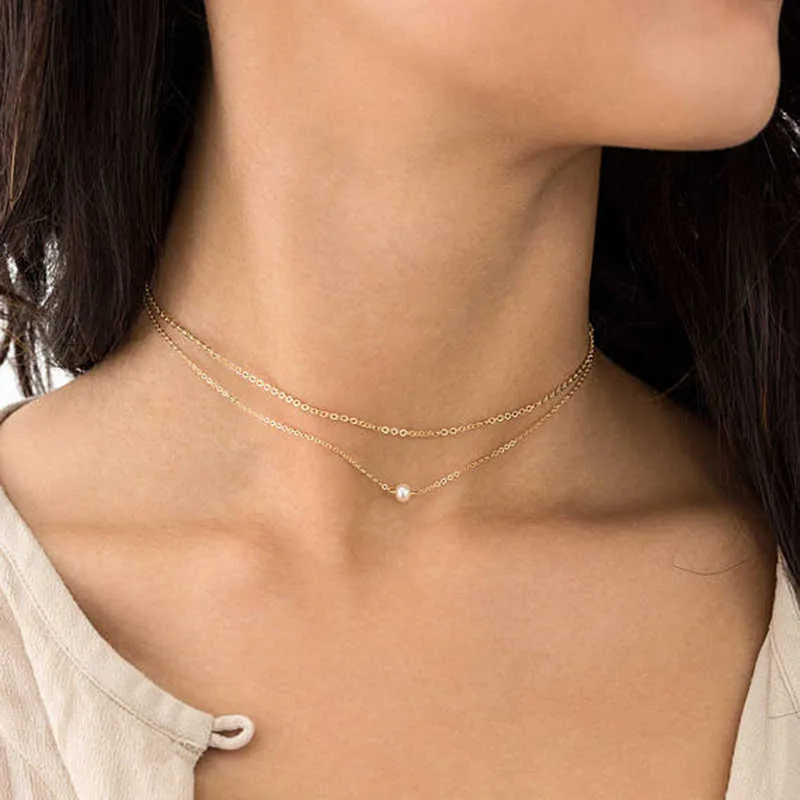 925 Silver Pearl Handgjord Layered Rose Gold Choker Collier Femme Kolye Collares Smycken Kvinnor Halsband