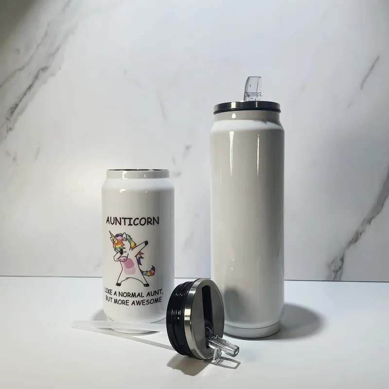 DIY Mugs Sublimation Cola Can Blanks Bouteille d'eau Thermos Gobelet en acier inoxydable à double paroi Isolé sous vide avec couvercle Paille Transfert de chaleur Boîtes d'impression personnalisées