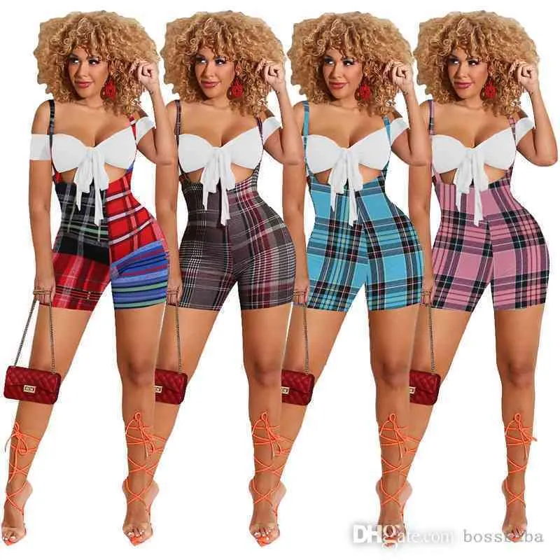 Designers Women Two Piece Pants Shorts Set Fashion Short Check Suit Summer Ladies Plaid Sling Outfits 4 Colors