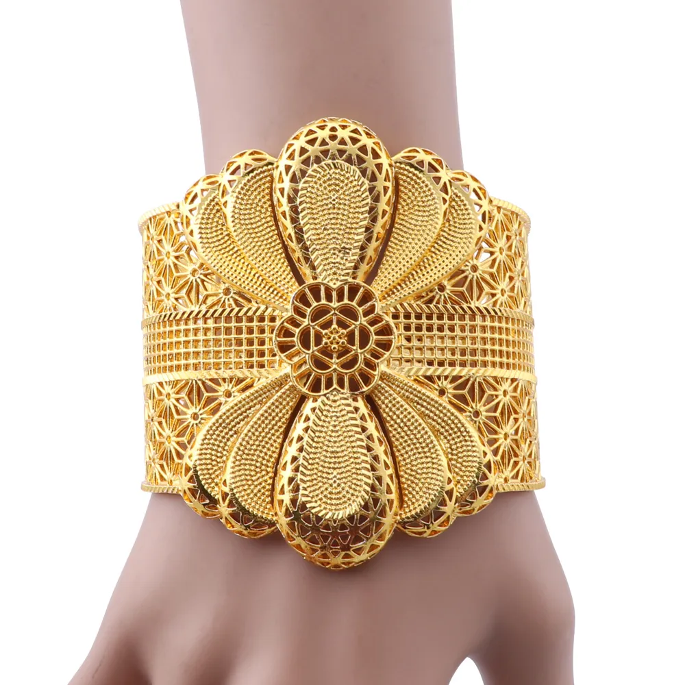 Brazalete ancho grande indio de lujo, brazaletes de flores de Color dorado de 24k para mujeres, regalos de joyería de boda árabe de Dubái africano