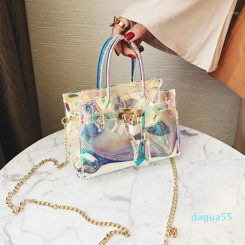 Sac en gelée Nouvelles tendances femmes coloré transparent transparent jelly pvc laser sac à main le sac de messager de la chaîne d'épaule refléter la fête à la plage mini sac à main1