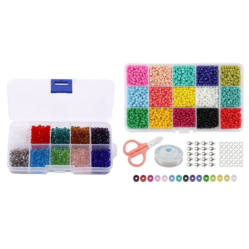 Pcs Beads: 1000Pcs DIY 4mm Faceted Bicone Crystal Glass Beads & 9000Pcs Seed 15 Multicolor Assortment Jewelry Pouches, Bags