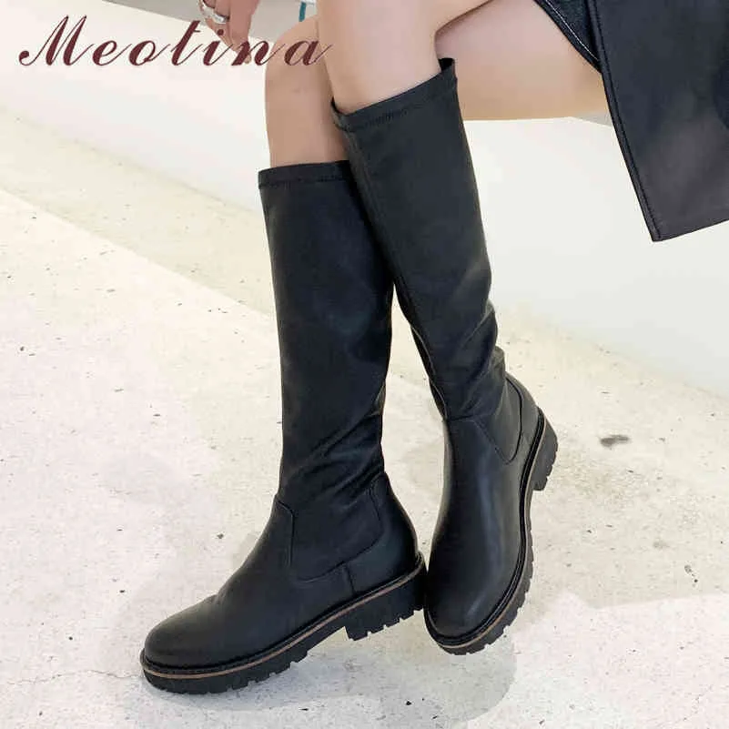 Winter Riding Boots Women Natural Genuine Leather Thick Heel Knee High Cow Round Toe Shoes Lady Fall 34-39 210517