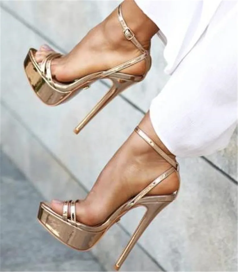 Newest Fashion Women Open Toe Thin Straps High Platform Stiletto Heel Sandals Gold Black Silver High Heels Big Size Heels