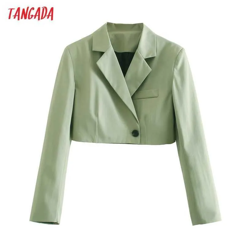 Tangada Vrouwen Groene Crop Blazer Jas Vintage Kleed Kraag Pocket Mode Vrouwelijke Casual CHIC TOPS AB18 210609