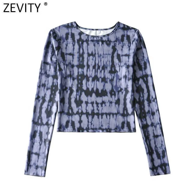 Zevity Women O Neck Long Sleeve Abstract Print Chic Camis Tank Ladies Knitted Slim Short T-shirt Casual Crop Tops LS7647 210603