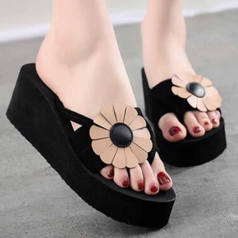 Letnie buty mody kobiety Kapcie bez poślizgu grube wysokie obcasy Flip Flip Flop Platforma Flowers Flowers Beach Sandały xx87 210625 GAI