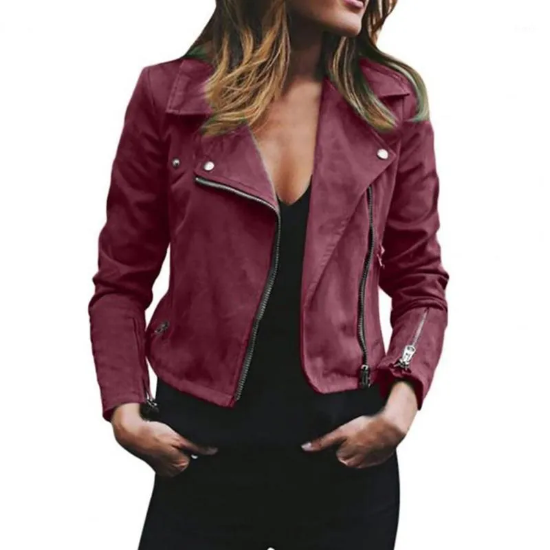 Jackets femininas Mulheres plus size motociclista de cor de lapela sólida com manga longa com zíper quente jaqueta curta Lady casaco de outono