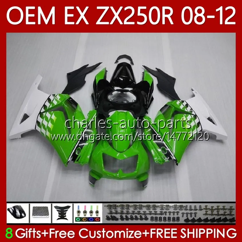 OEM BODY FÖR KAWASAKI NINJA EX250 ZX250 R EX ZX 250R ZX-250R 2008-2012 81NO.3 EX-250 ZX250R 2008 2009 2010 2011 2012 EX250R 08 09 10 11 12 Injektion Fairing Green White