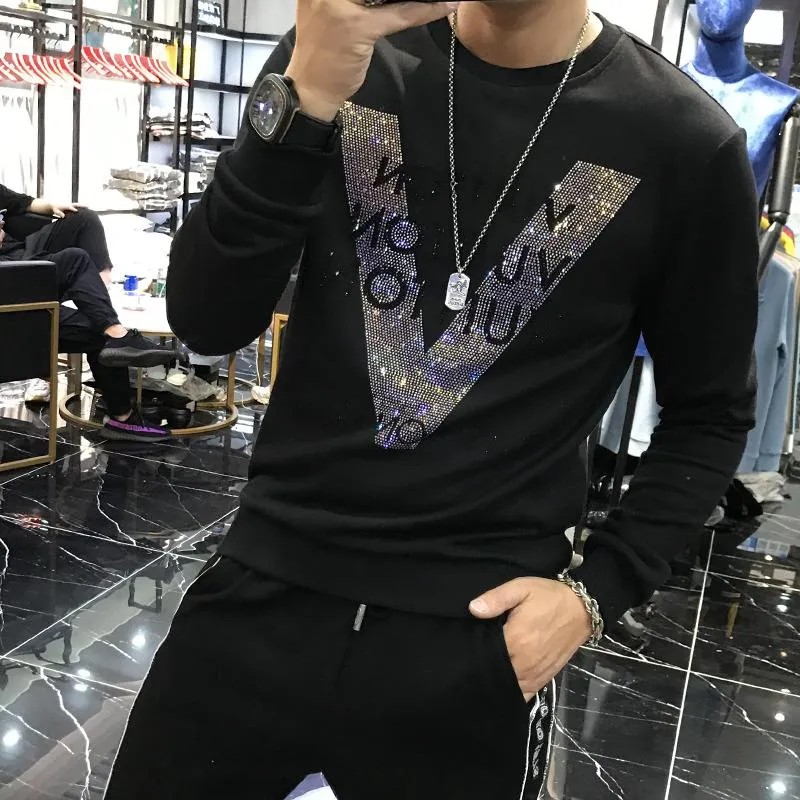 Erkek Hoodies Tişörtü Sonbahar Ve Kış Moda Yuvarlak Lider Yüksek Kaliteli Rhinestone Ince Rahat Sıcak Tasarım Hoodie Set