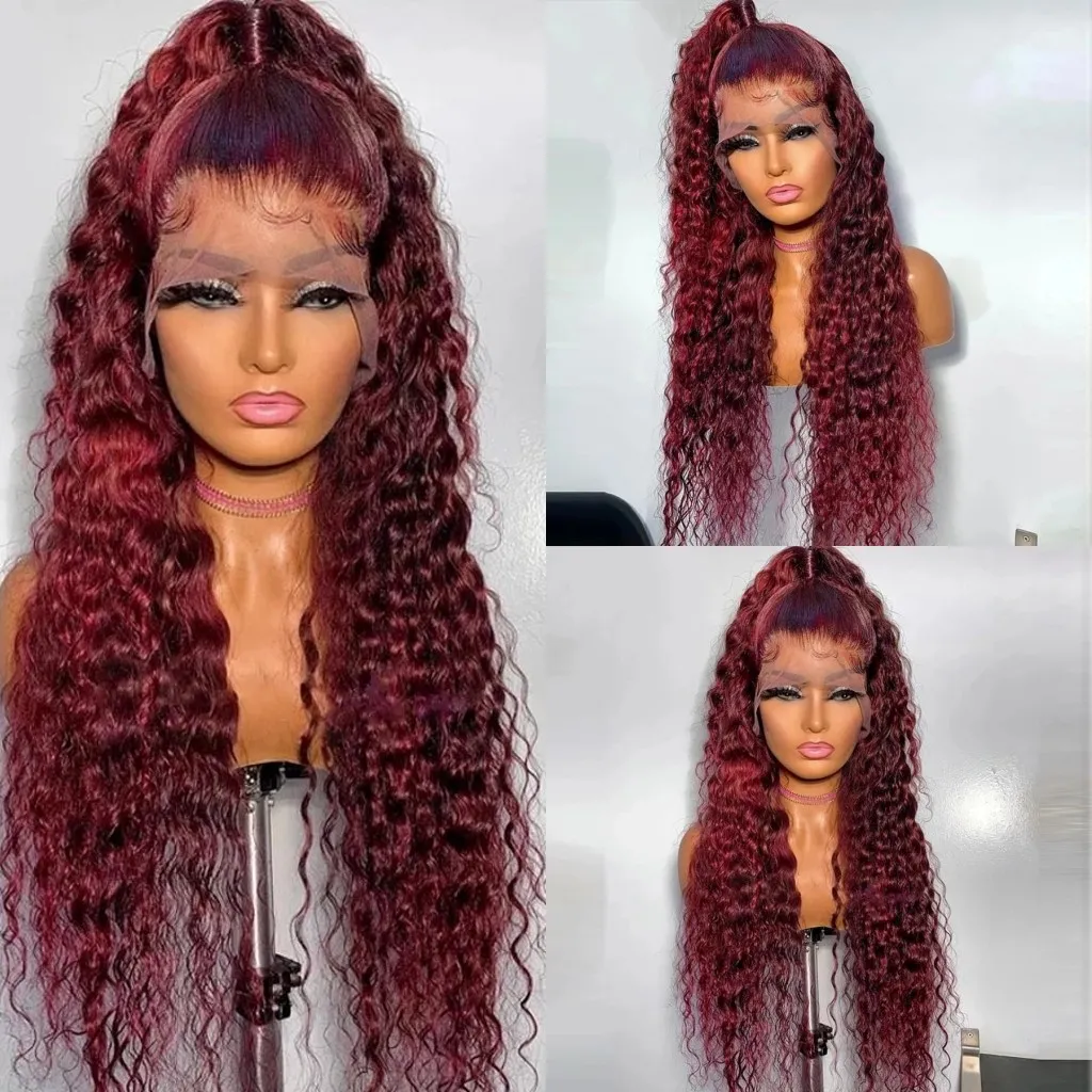 Hårtillbehör Curly Human Hair Wigs Wine Red Brasilian Remy Deep Wave Full Lace Front Synthetic Wig 180% Pre Pluched