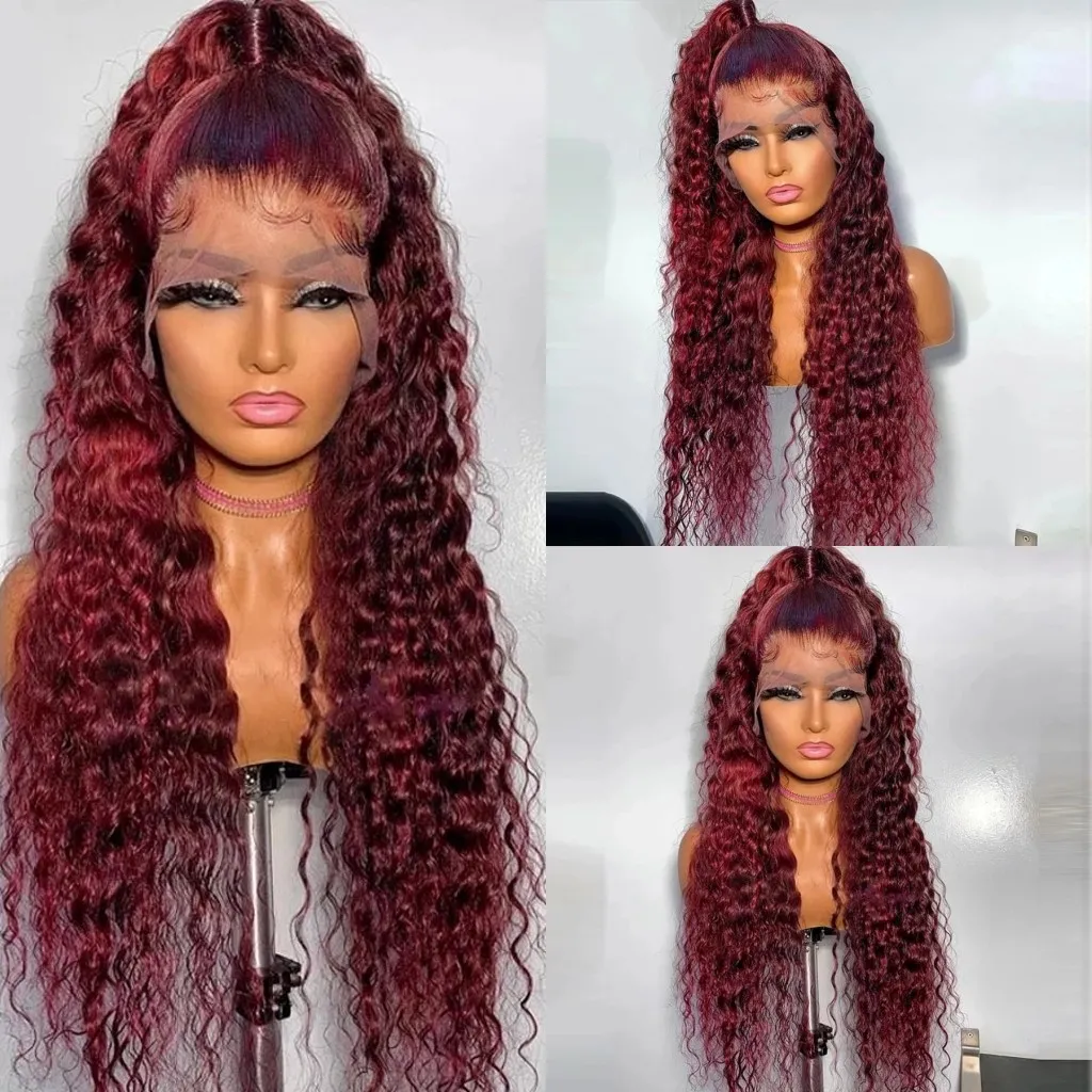 Curly Human Hair Wigs Wine Red Brasilian Remy Deep Wave Full Spets Front Synthetic Wig 180% Pre Plucked