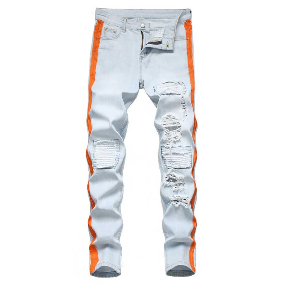 Ljusblå stretch denim pant 2021 våren patchwork biker jean mäns stripe linjer målade rippade jeans streetwear pantalon homme x0621